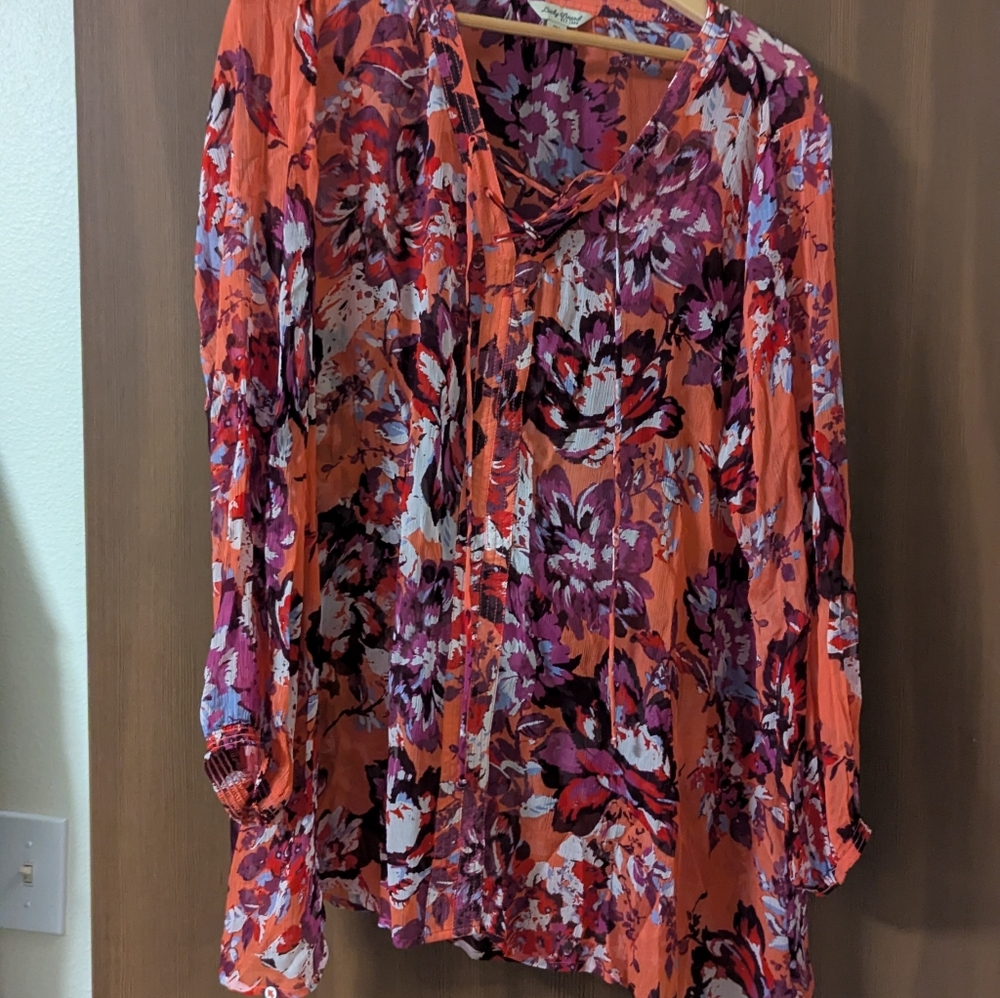 Floral V-Neck Blouse - Orange and Purple
